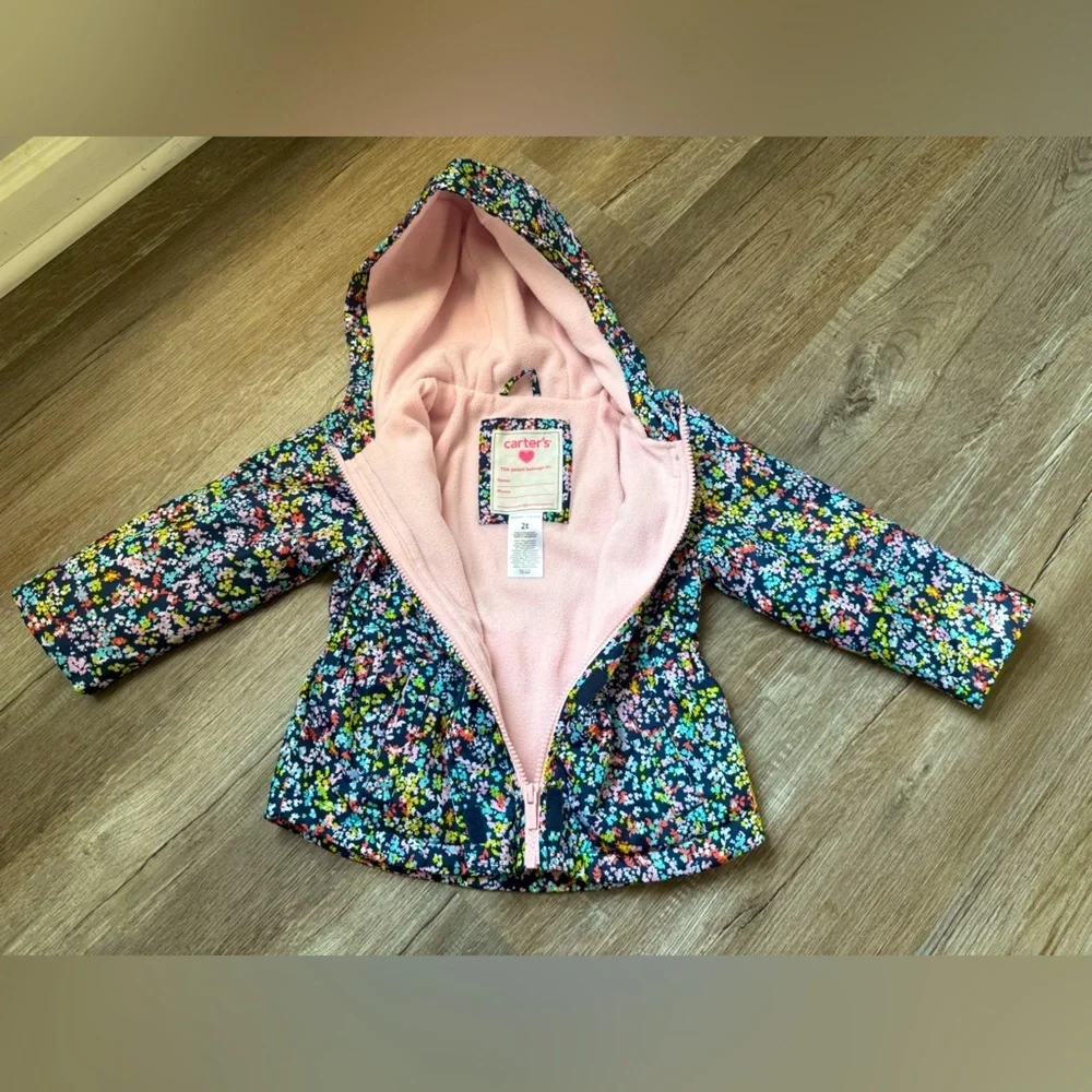 Carters Floral Jacket Hooded Coat Warm Multi Color Blue Pink Toddler Size 2T - Picture 1 of 7